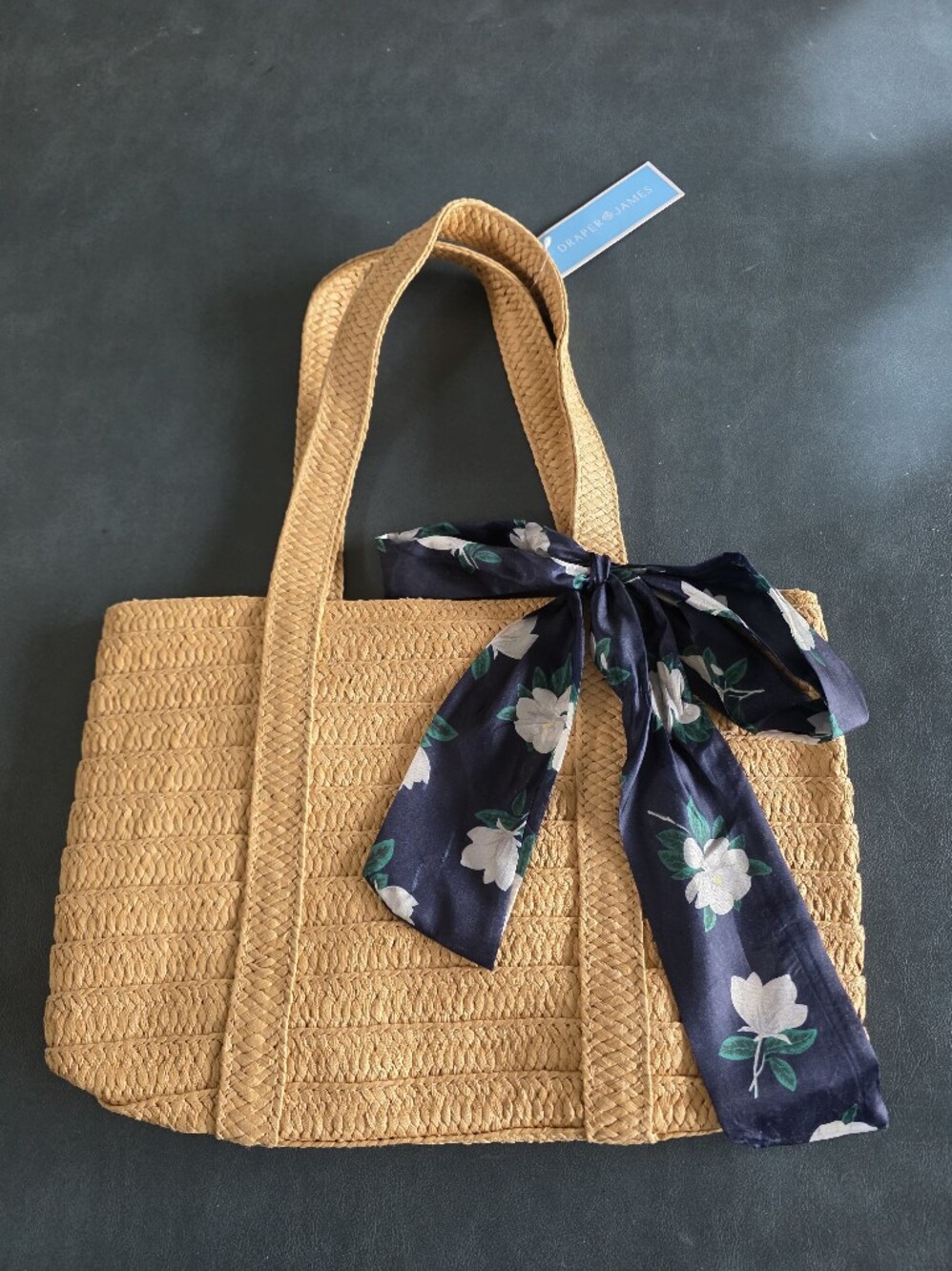 Draper Hames Woven Straw Tote with Floral Scarf Accent
